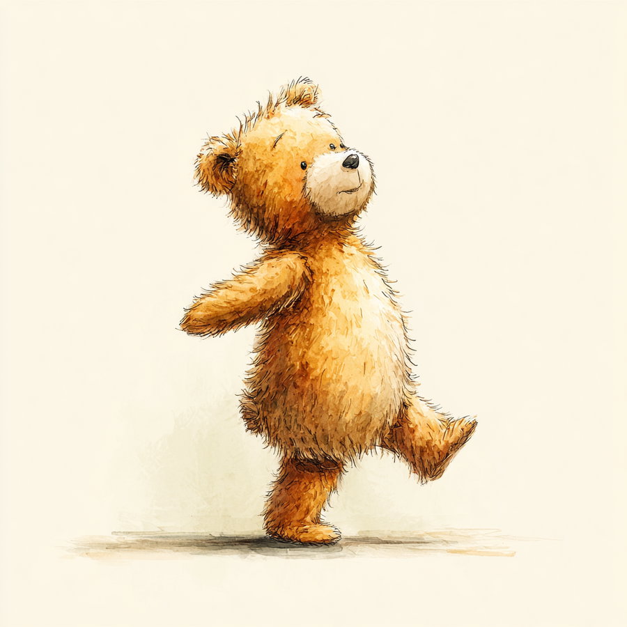 A watercolor painting of a teddy bear walking with one leg raised, light brown fur, against a plain cream background