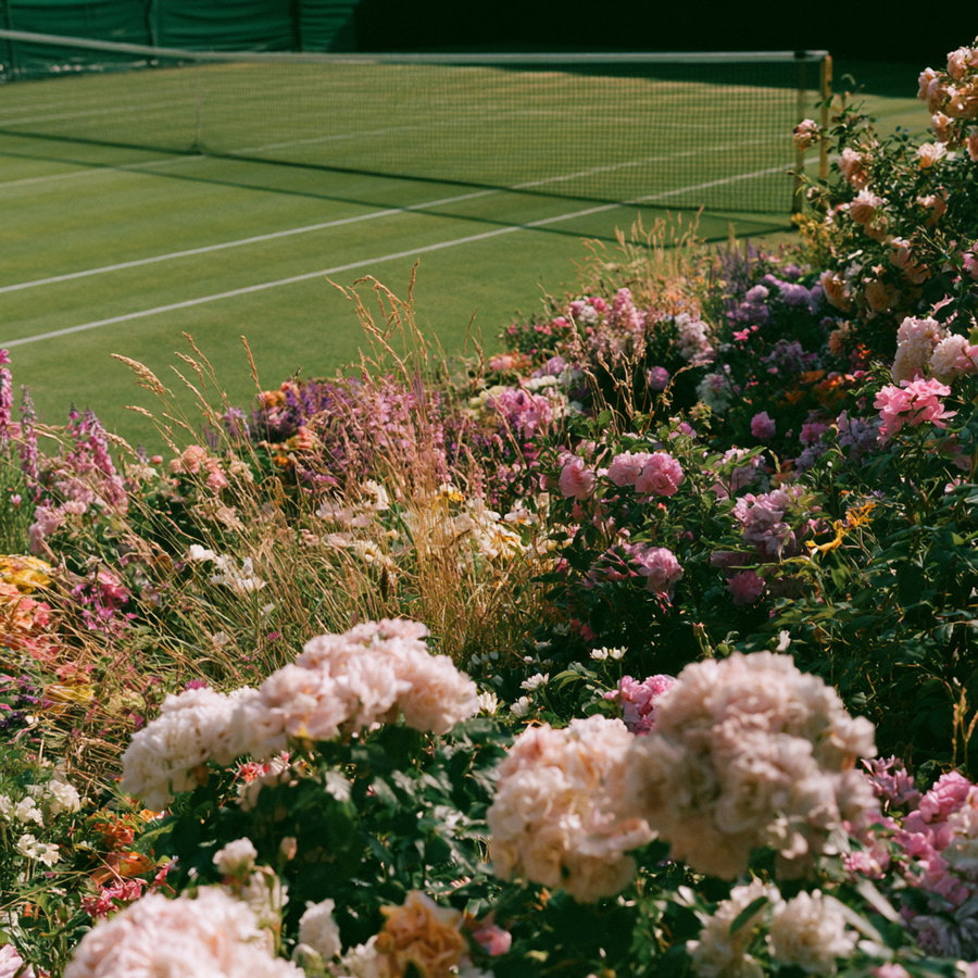 Colorful blooming flowers and green plants bordering a green tennis court with net