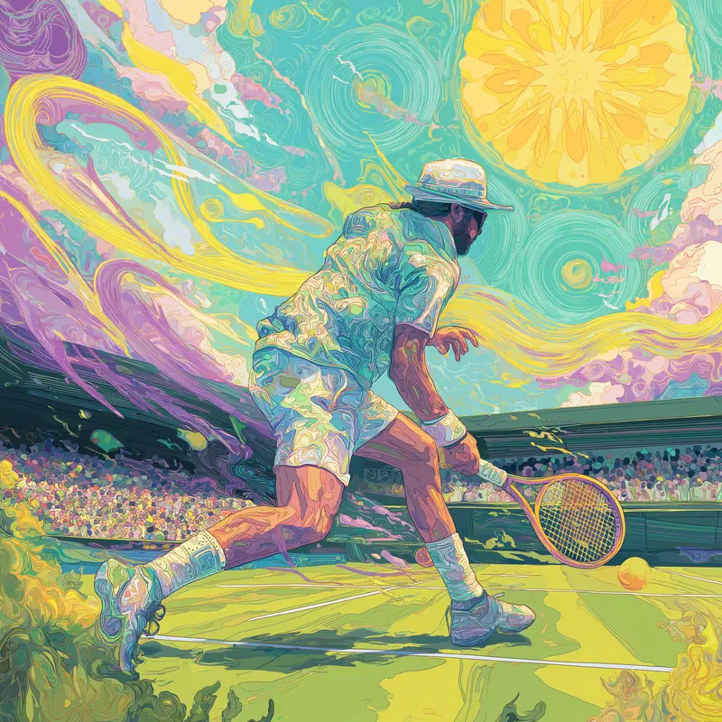 Vibrant modern digital art of a tennis player in action on court with surreal sun and sky