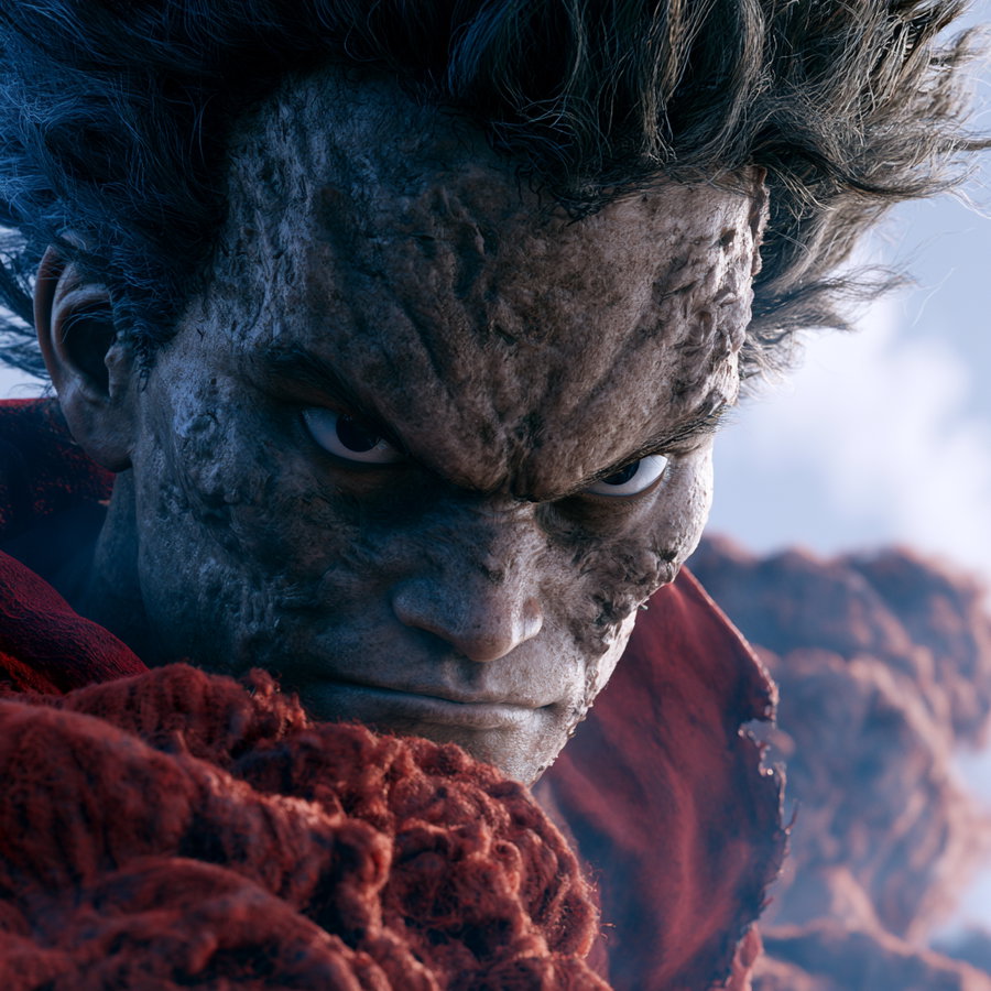 Close-up portrait of a person with heavily textured, cracked skin and intense eyes, wearing a dark red garment, with dramatic lighting and cloudy sky background