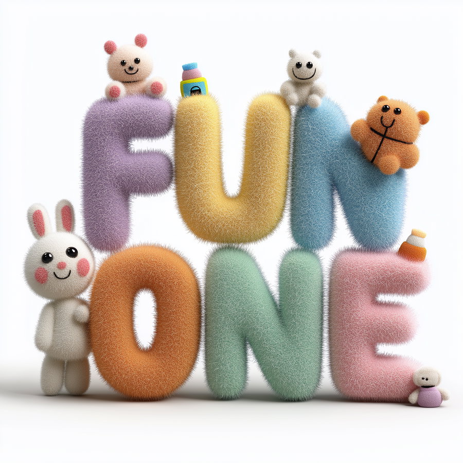 Fuzzy textured letters in pastel colors spelling FUN ONE arranged with small, playful, smiling animal figures including a bunny and teddy bears on a white background