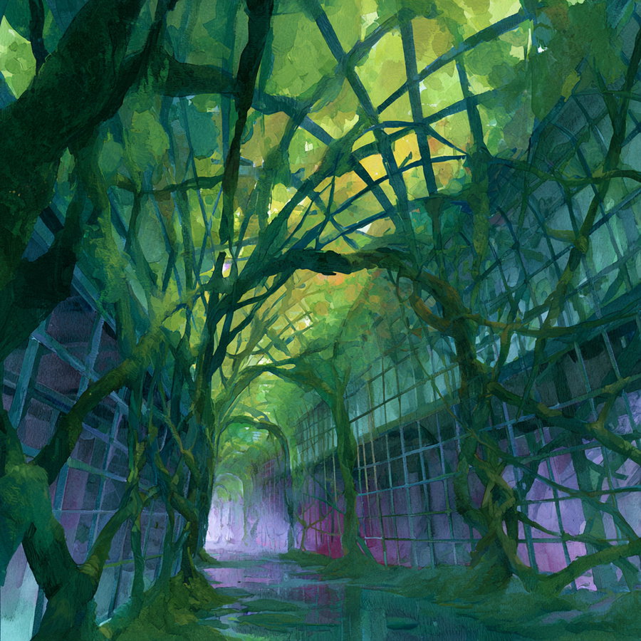 A tunnel-like structure covered with thick, interwoven green branches and leaves, framed by lattice walls on either side bathed in soft purple and green light.