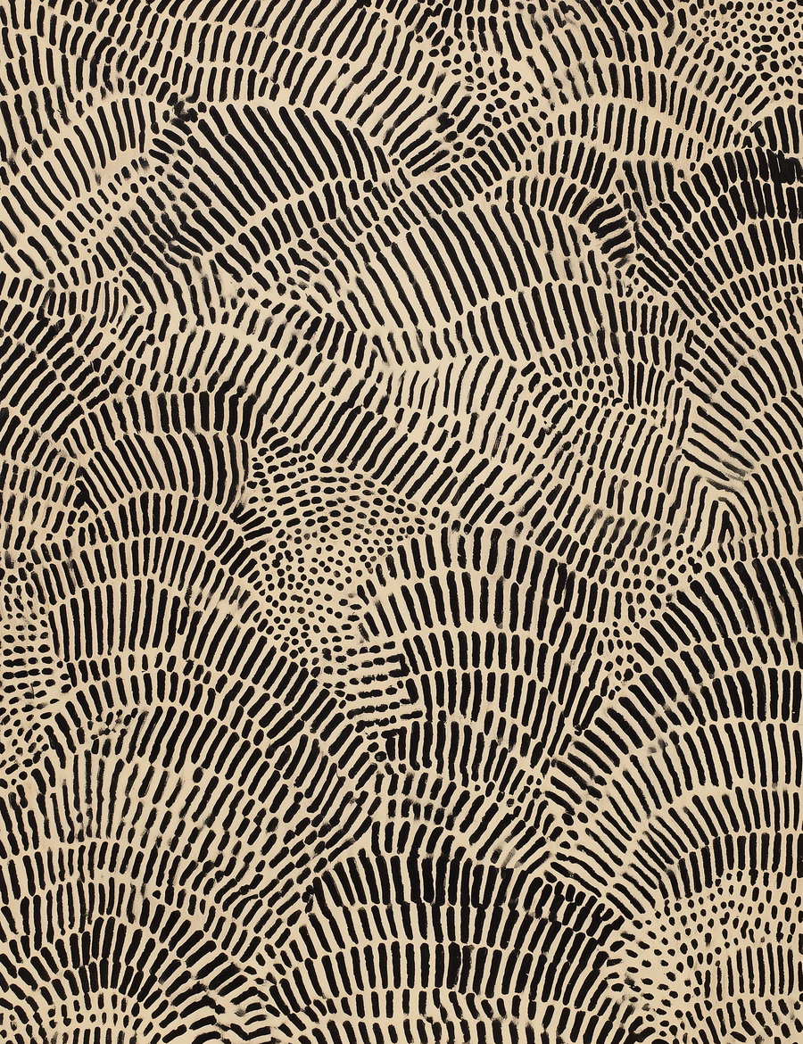 Close-up of abstract painting showing black brushstroke lines and dots arranged in a repetitive, textured pattern on a beige background