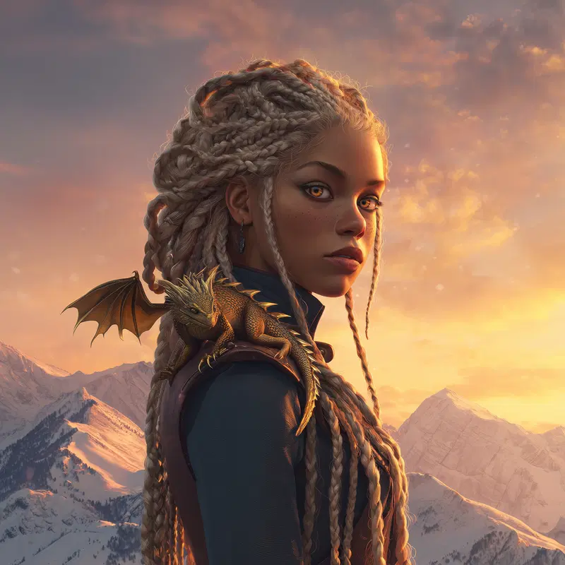Fantasy portrait of a young woman with braided hair and a small dragon on her shoulder at sunset