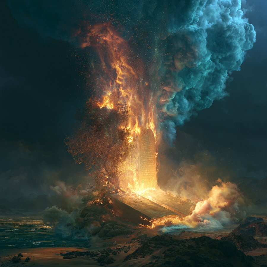 A large open book emitting bright flames and thick smoke, set on rocky terrain with a dark, moody sky in the background