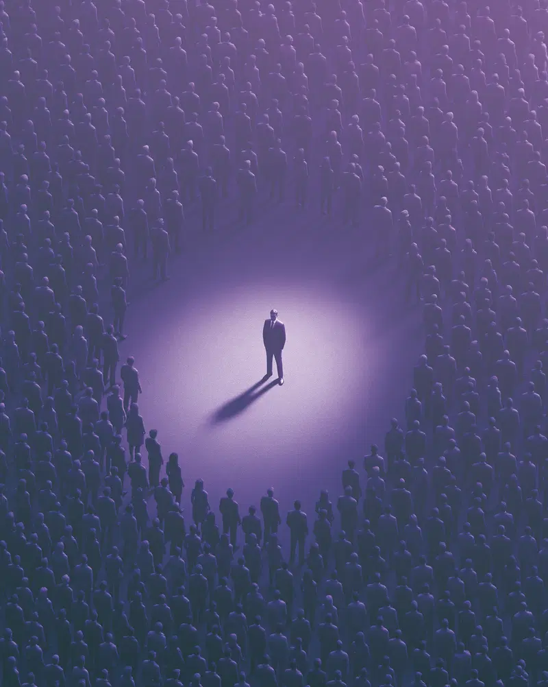 Single person highlighted among a crowd in a dramatic purple lighting