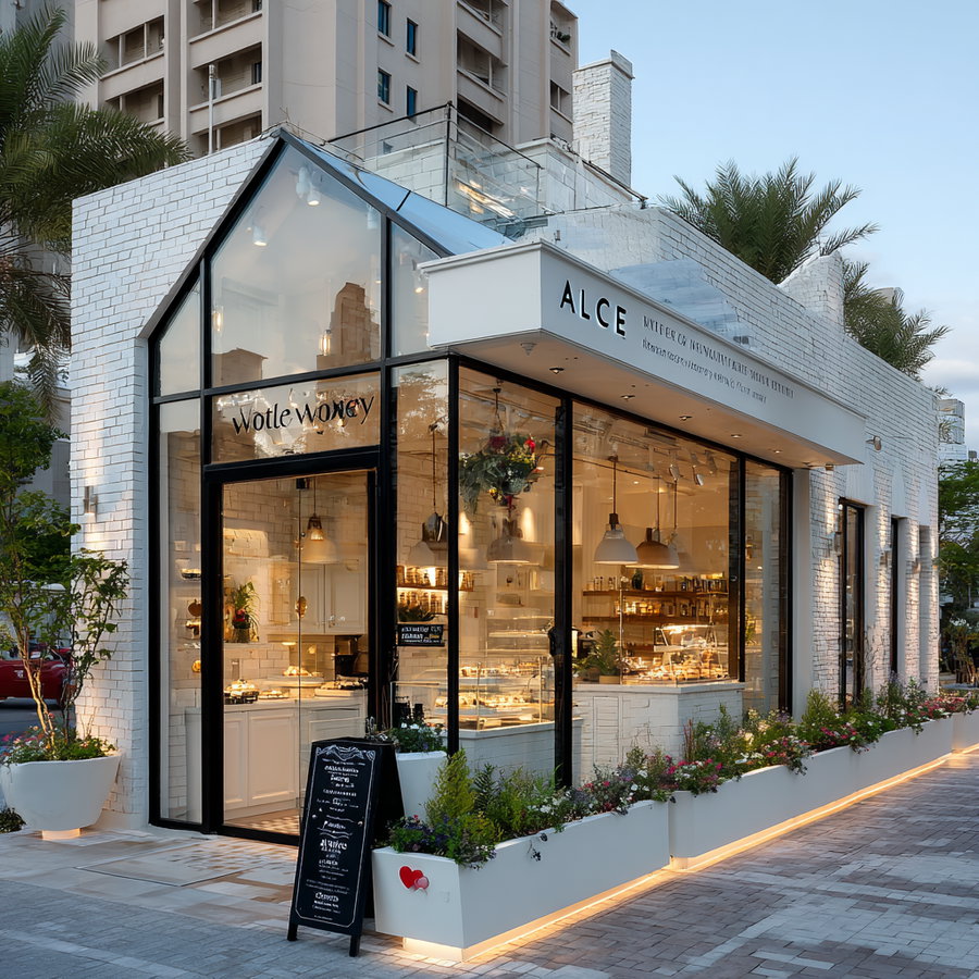 A modern cafe exterior with white brick walls, large glass windows, a black framed glass door, flower planters along the sidewalk, and a blackboard menu stand, under a clear sky