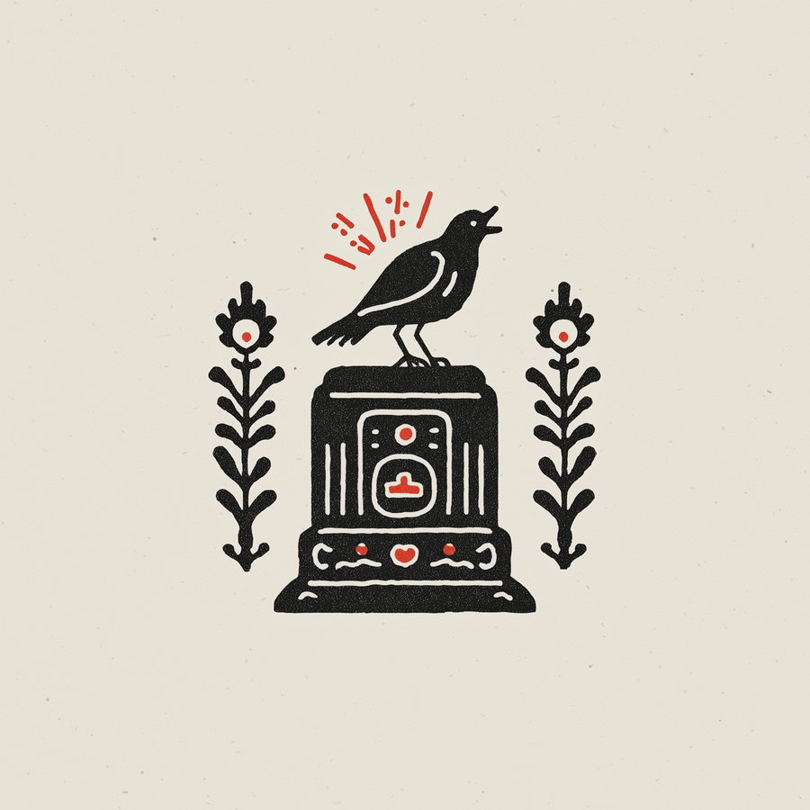 A stylized black bird perched on a geometric pedestal, flanked by two symmetrical black and red floral designs on a light beige background.