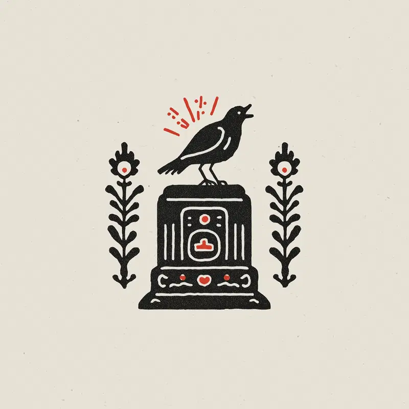 Minimalist illustration of a black bird on a geometric pedestal with floral elements