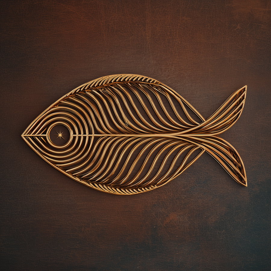 Artistic golden fish sculpture with swirling linear patterns displayed on a textured brown surface