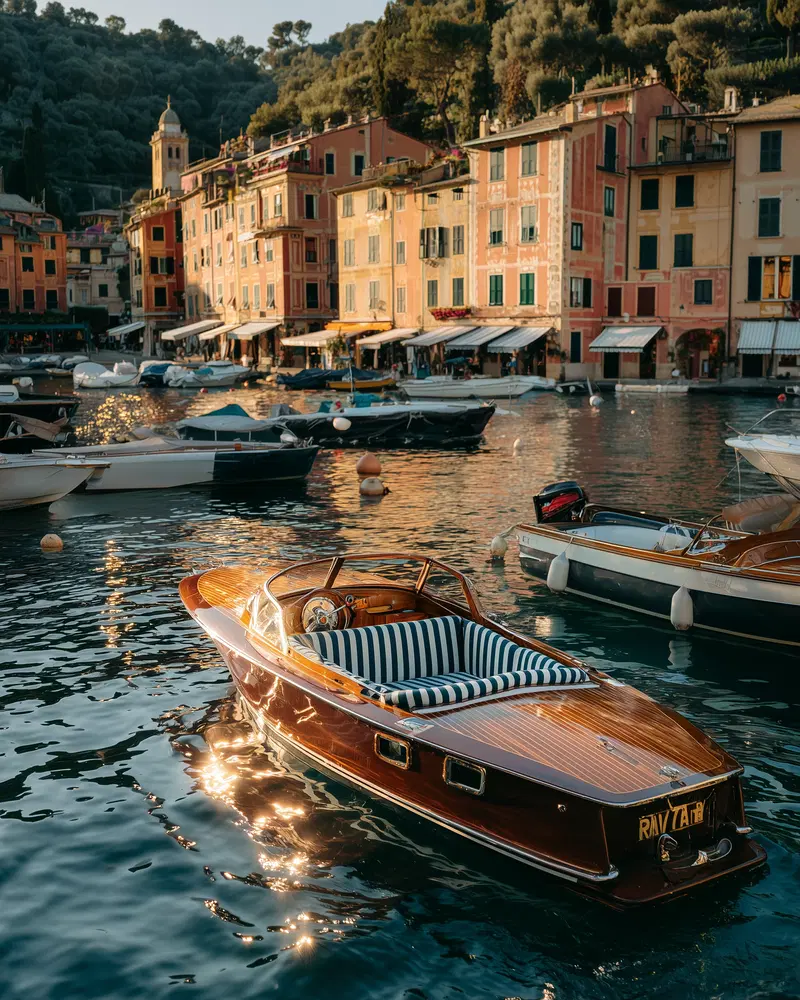 Sunlit wooden boat at harbor with colorful European waterfront buildings