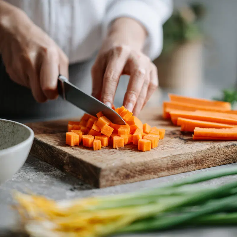 Close-up of hands cutting fresh carrots on wooden cutting board