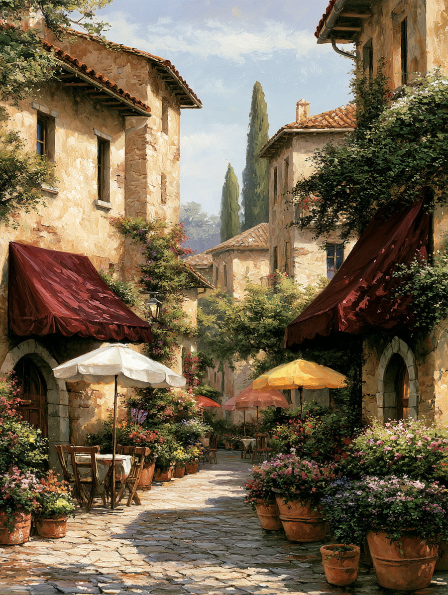 A picturesque cobblestone street lined with stone buildings, vibrant flowers, and outdoor café seating under colorful umbrellas.
