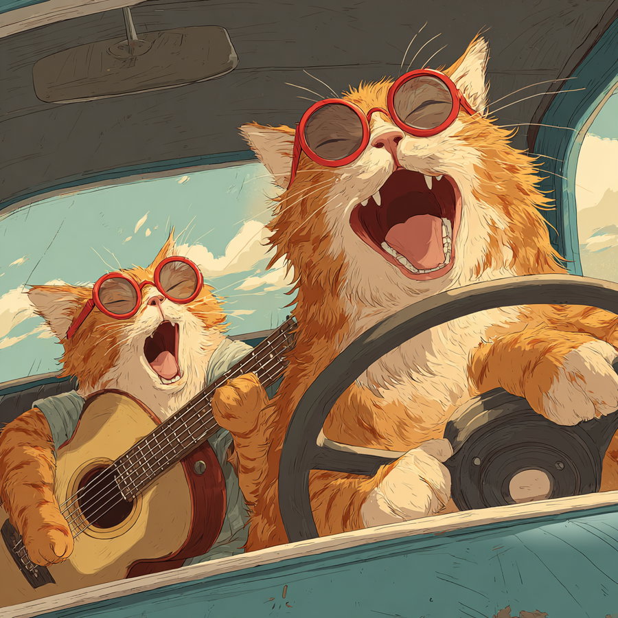 Two orange and white cats wearing red sunglasses, one playing a guitar and the other driving a car, both with mouths open as if singing