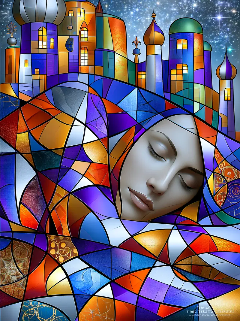 Dreamy Abstract Stained Glass Style Artwork with a Sleeping Woman and Fantasy Castle