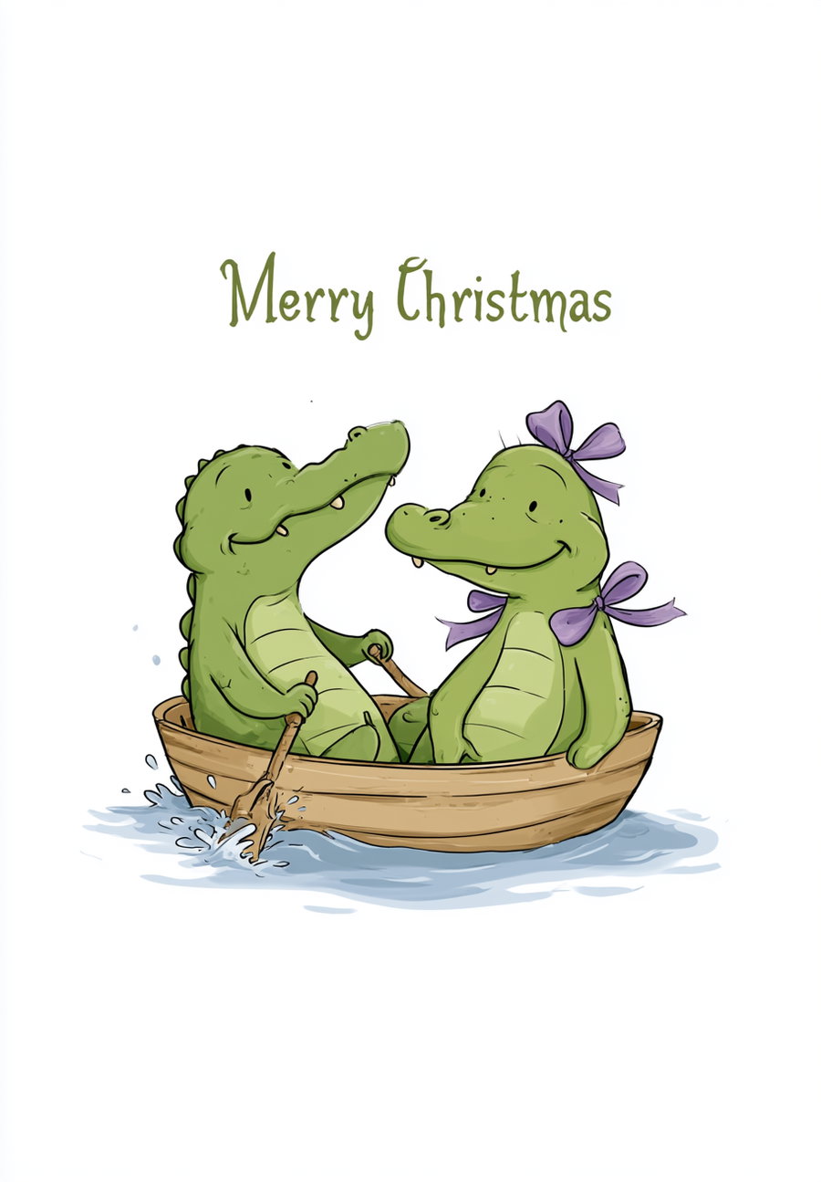 Illustration of two smiling green crocodiles sitting in a wooden boat on water, one rowing with an oar and the other with purple bows on its head, with the text Merry Christmas above