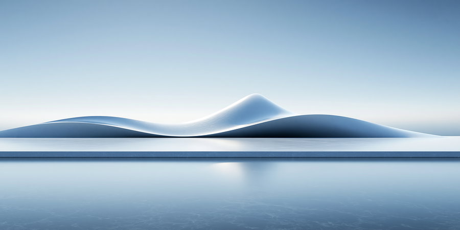 abstract minimalist landscape with smooth blue hills and calm reflective water under a light blue sky