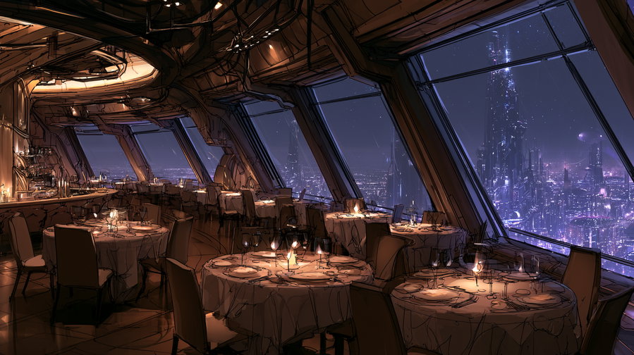 Interior view of a sophisticated restaurant dining area with round tables, chairs, lit candles, and large angled windows showing a futuristic city skyline under a starry sky