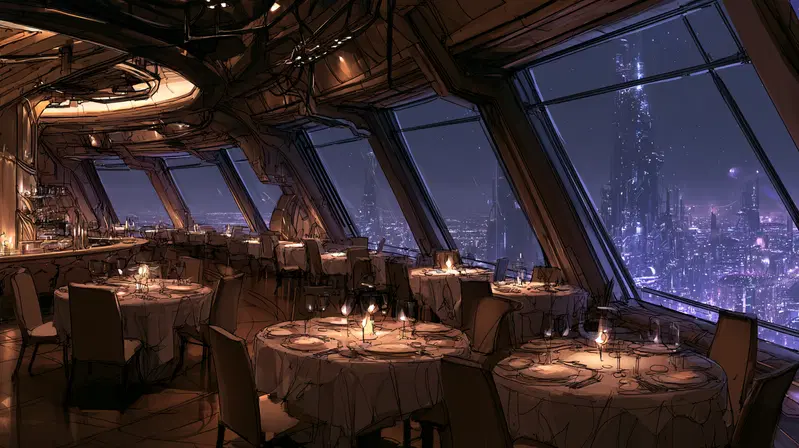 Elegant dining room with panoramic cityscape views at night
