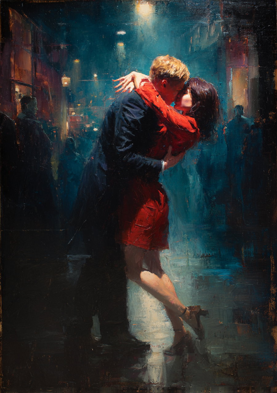 Oil painting of a man and woman passionately kissing in the street, the woman in a red dress and heels, the man in dark clothing, with blurred figures and street lights in the background