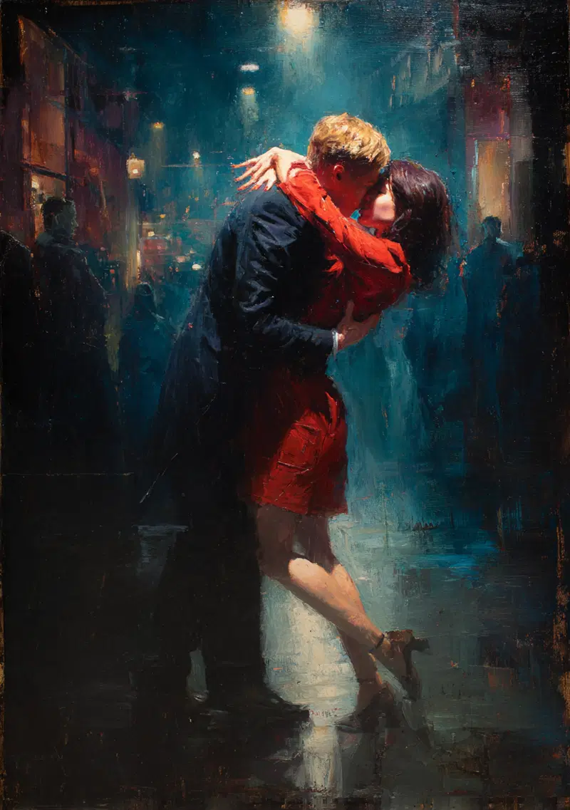 Romantic painting of a couple embracing and kissing on a dimly lit street at night