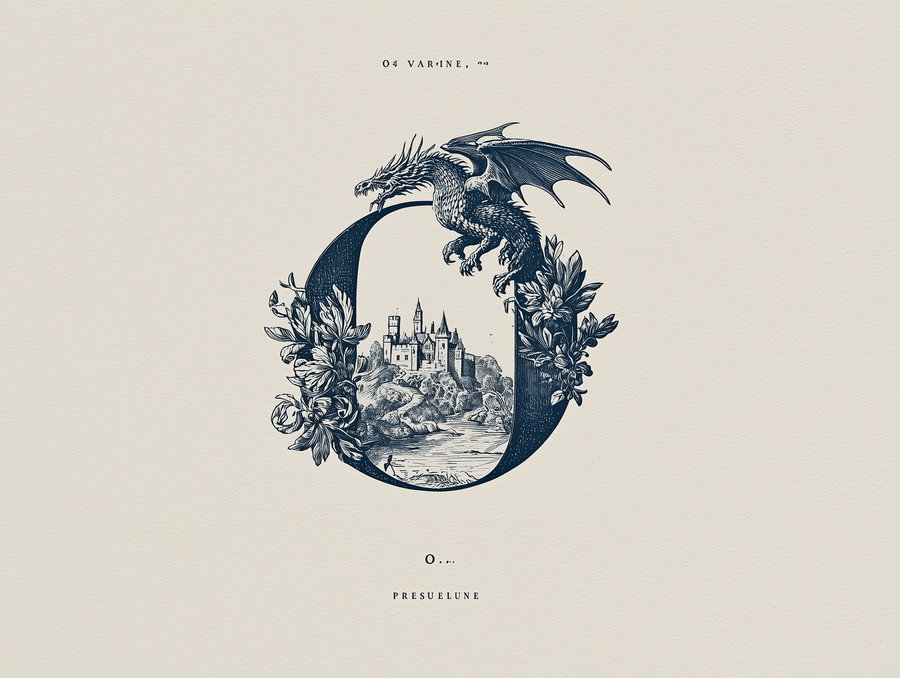 Detailed vintage illustration featuring a dragon perched on a decorative letter O surrounded by floral elements and a castle landscape inside the letter