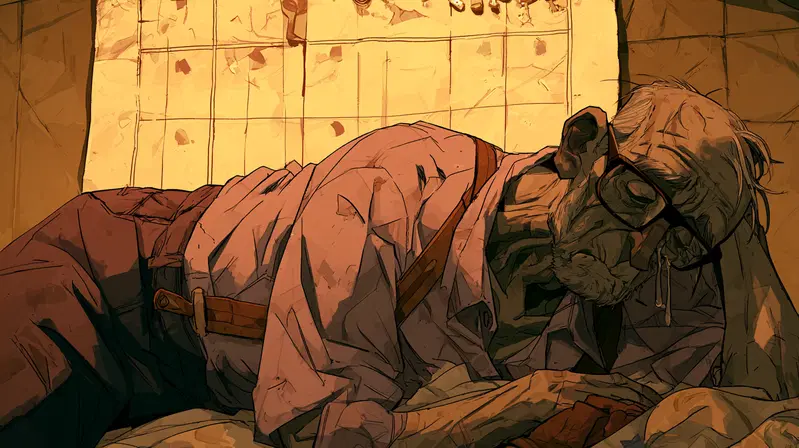 Moody artistic depiction of an elderly man resting indoors with dramatic lighting