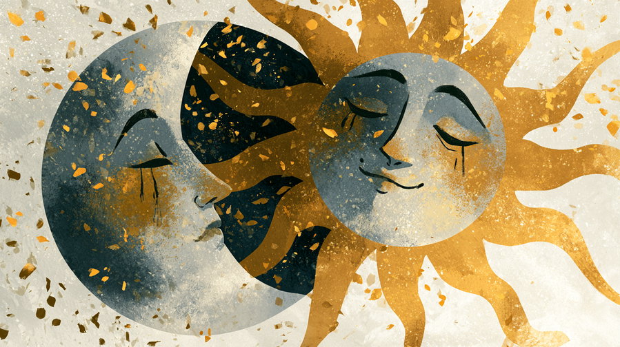 An artistic depiction of the sun and moon, each with closed eyes and smiling faces, surrounded by golden and gray speckles and abstract textures