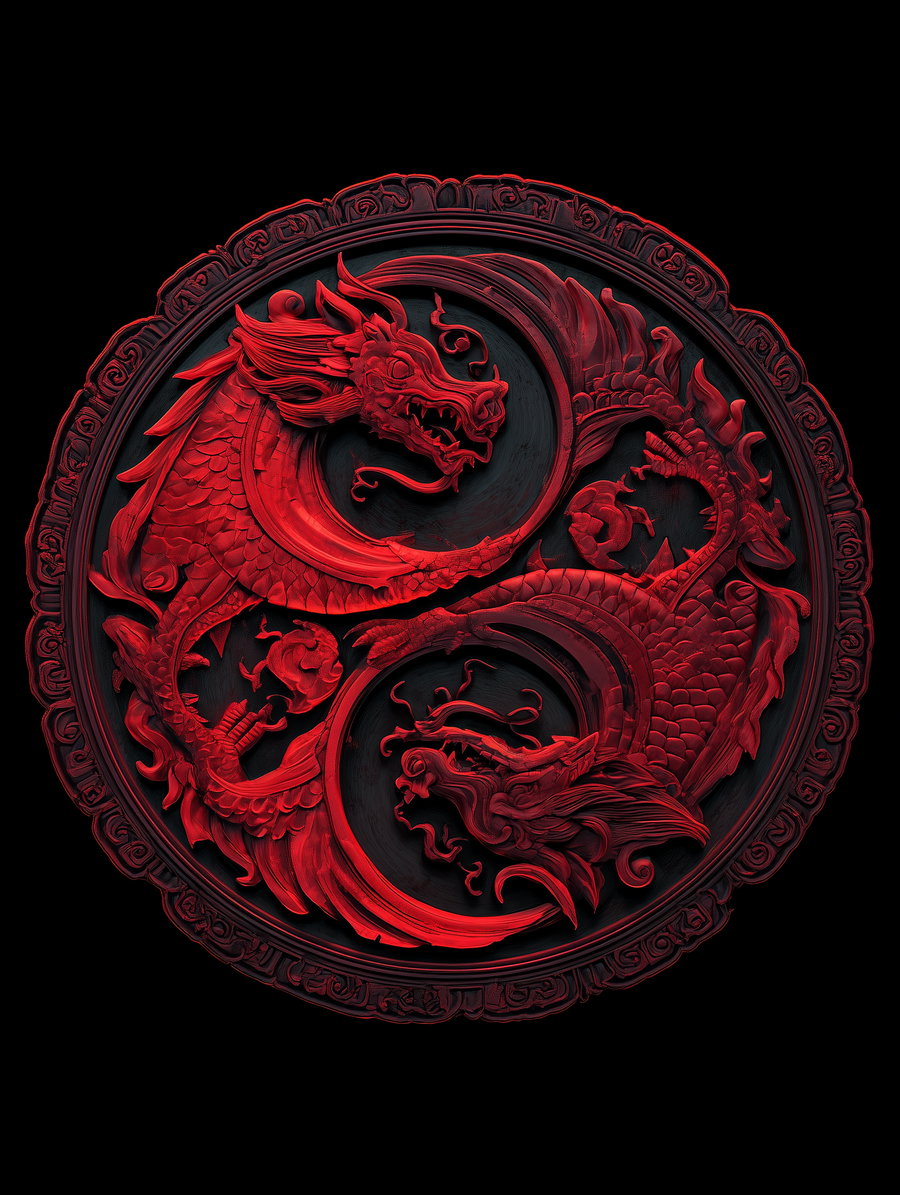 Red carved dragons forming a yin yang symbol within an ornate circular frame on a black background