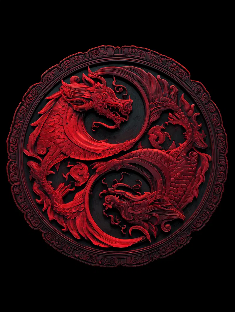 Intricately Carved Red Dragon Yin Yang Symbol with Ornate Circular Frame