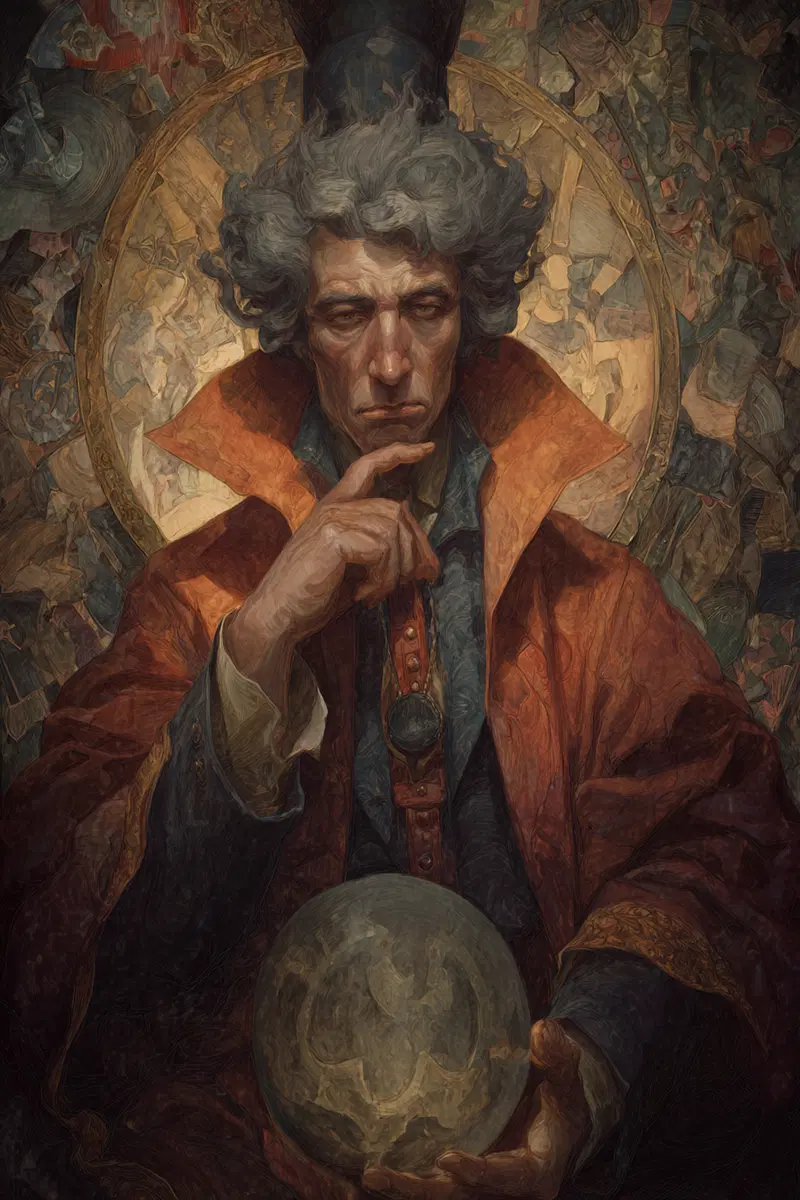 Classic European style portrait of a thoughtful man in traditional attire with a crystal ball