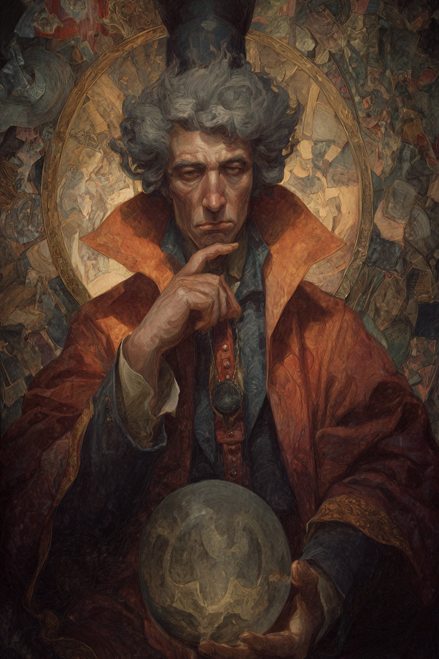 A detailed classic European style painting of a man with curly gray hair wearing a red and blue ornate coat, holding a crystal ball with a symbolic design, and framed by a circular background depicting intricate patterns.