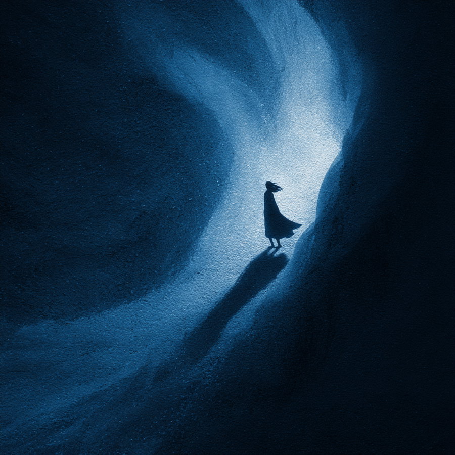 A dark blue abstract image with a silhouette of a person wearing a flowing cloak standing in a glowing light area casting a long shadow