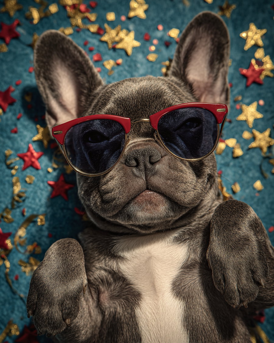 Close-up of a gray French Bulldog puppy wearing red framed sunglasses lying on its back on a blue textured surface sprinkled with red and gold star-shaped confetti
