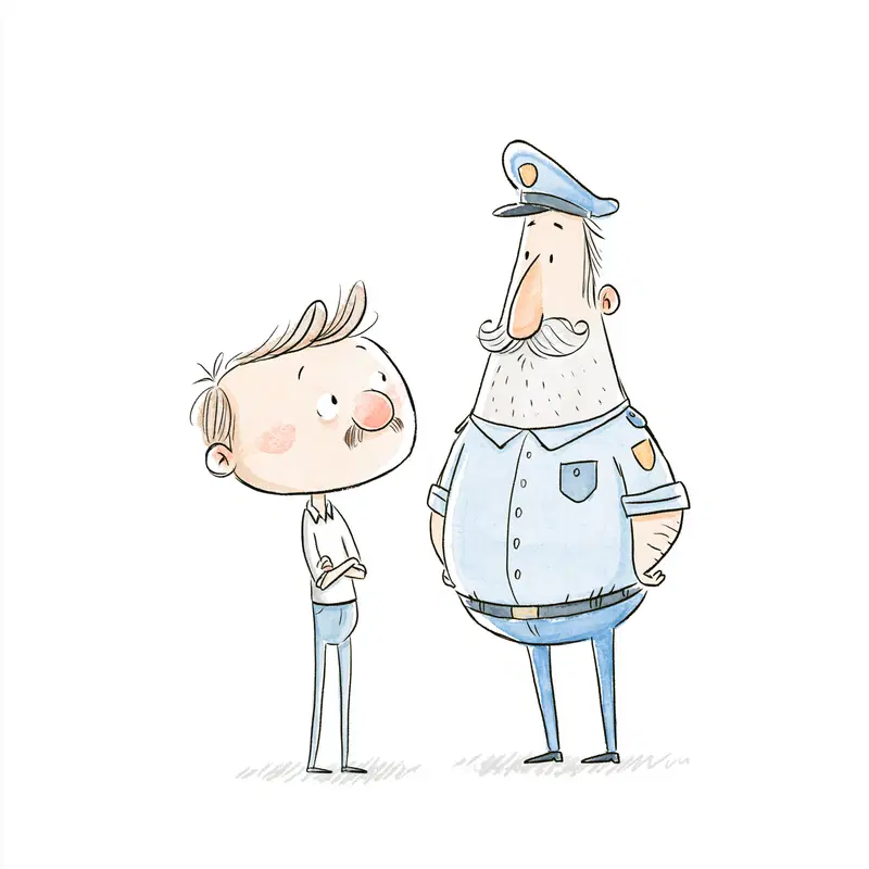 Cute cartoon illustration of a boy and a police officer in soft colors
