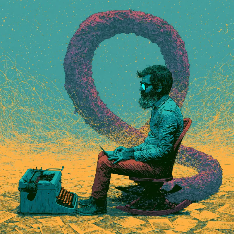 Surreal modern illustration of a man sitting on a rocking chair with a typewriter