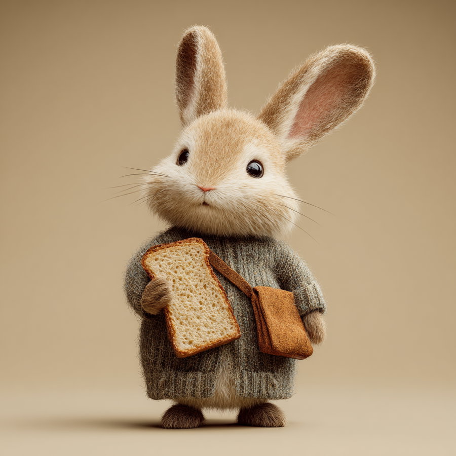 A cute bunny wearing a cozy knitted sweater and a small brown crossbody bag, holding a slice of bread against a plain beige background