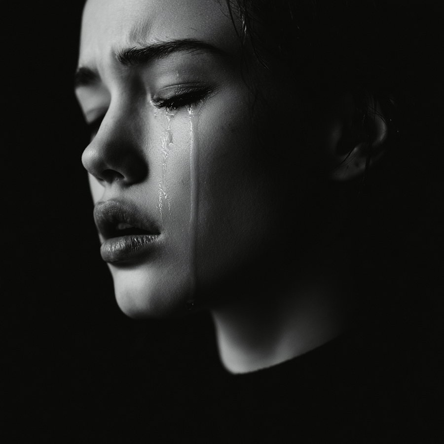 Black and white close-up side profile of a young woman with tears streaming down her face against a dark background