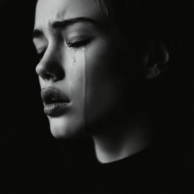 Emotional black and white close-up portrait of a woman crying