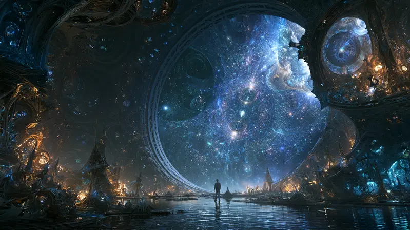 Surreal dreamlike scene of a lone figure gazing at a cosmic celestial vista