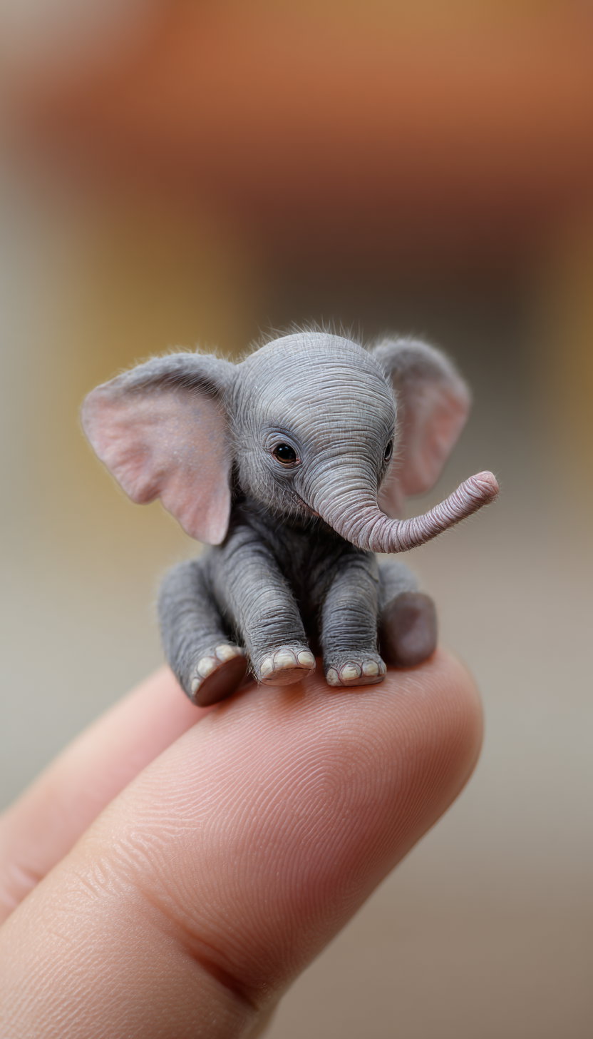 Close-up of a tiny, detailed baby elephant figurine sitting on the tip of a human finger with a blurred background