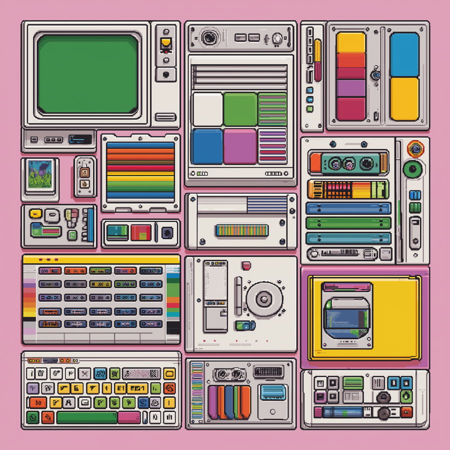 An illustration featuring various digital and analog devices with colorful buttons and displays arranged in a grid on a pink background.