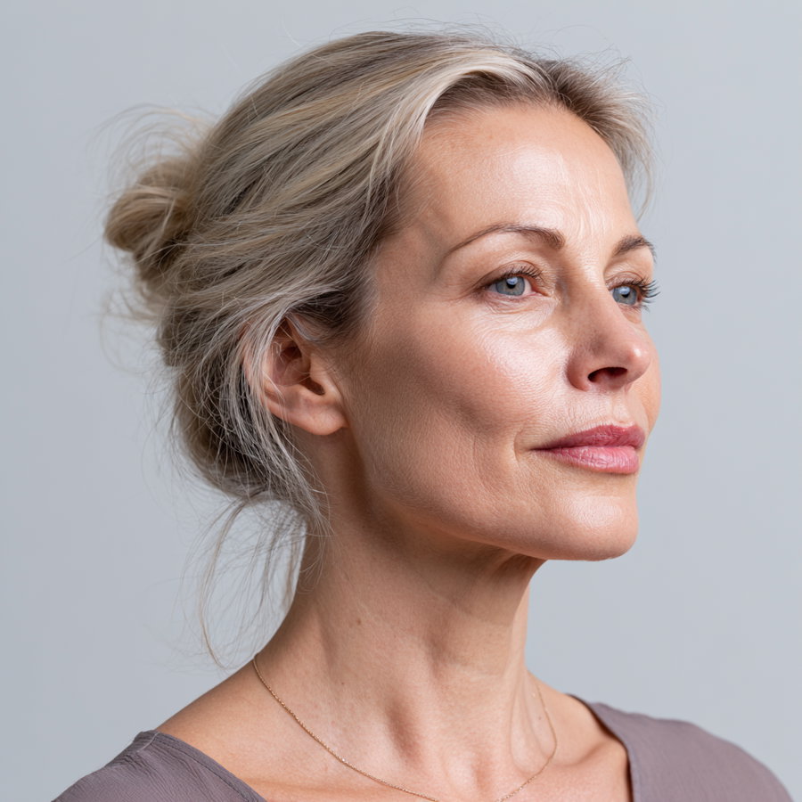 Side profile of a mature woman with short grey hair in a messy bun against a plain light grey background