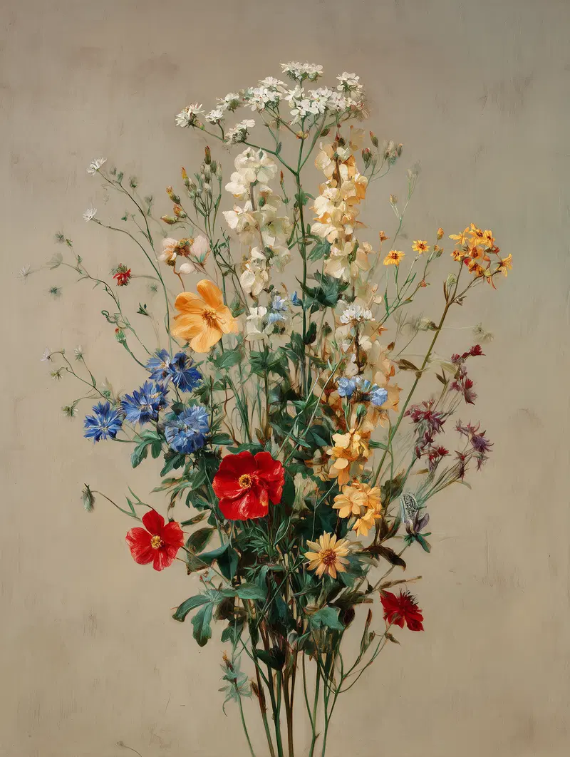 Delicate floral bouquet with mixed wildflowers in soft vintage style