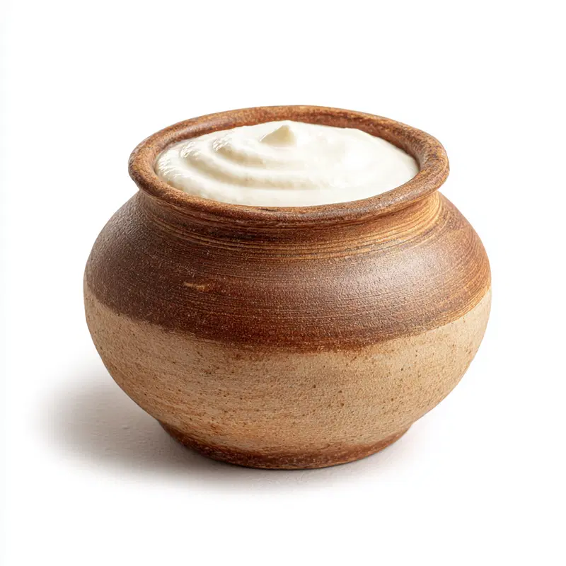 Still life photograph of a rustic pottery bowl filled with creamy yogurt