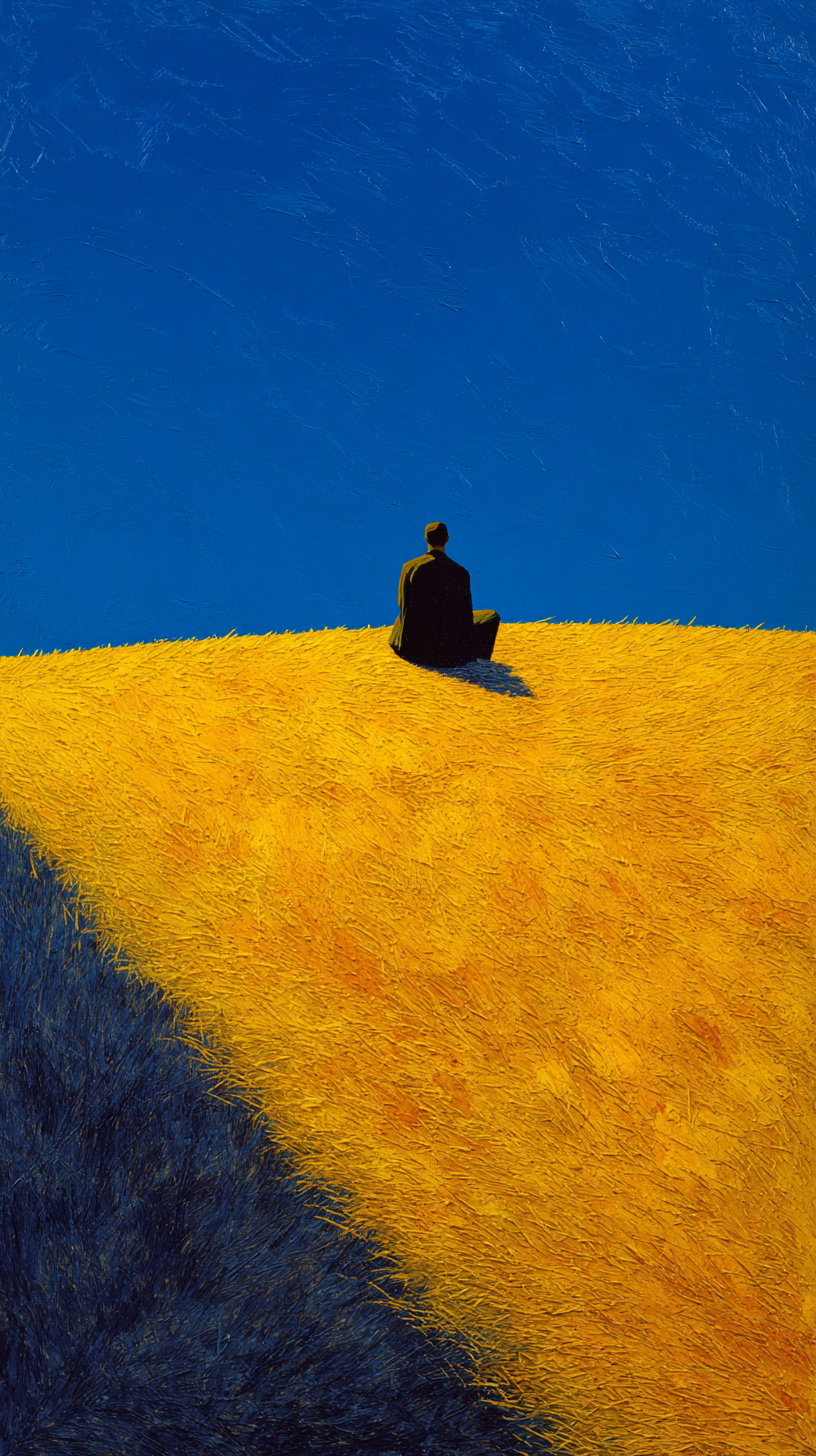 A solitary figure sitting on a textured yellow hill against a deep blue sky, creating a moody and introspective atmosphere