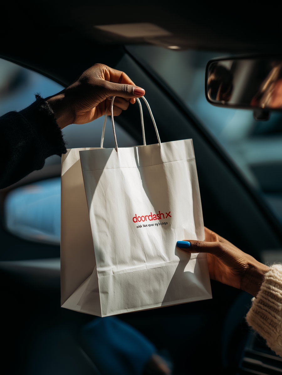 A person handing over a white paper shopping bag with a logo to another person inside a car, with sunlight highlighting the hands and bag.
