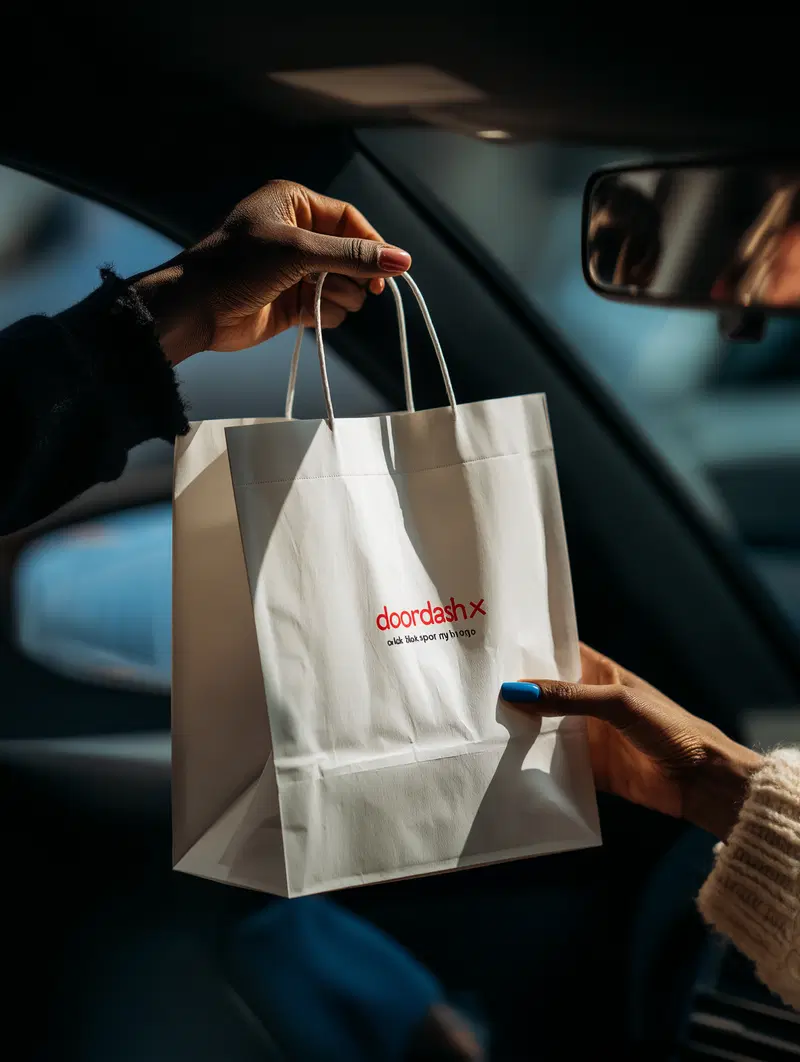 Close-up of hands exchanging a white paper shopping bag inside a car