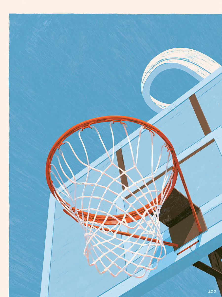 An artistic drawing of a red basketball hoop with white net and light blue backboard set against a textured blue sky background