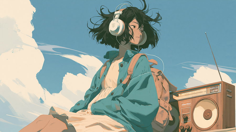 Digital artwork of a girl with short black hair wearing headphones, a teal jacket, and a beige dress, sitting with a vintage radio beside her against a blue sky with clouds
